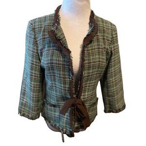 Julie Mitchell Jacket Womens Size 8 Urban Collection Green Brown Tie Raw EdgeLin
